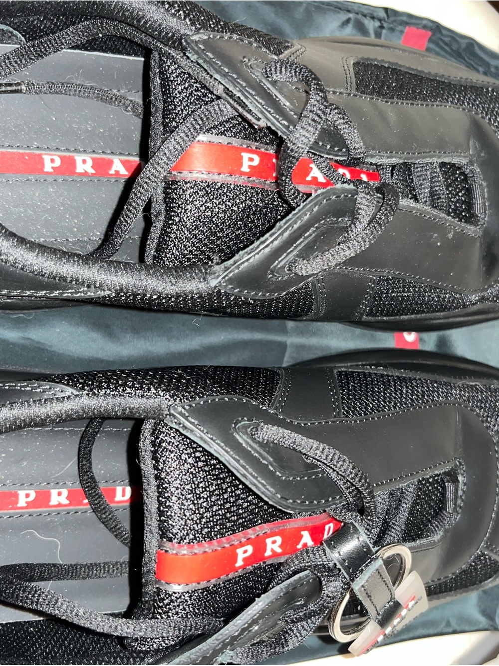 Faux Prada Black Nylon & Leather Sneakers with Red Logo Stripe